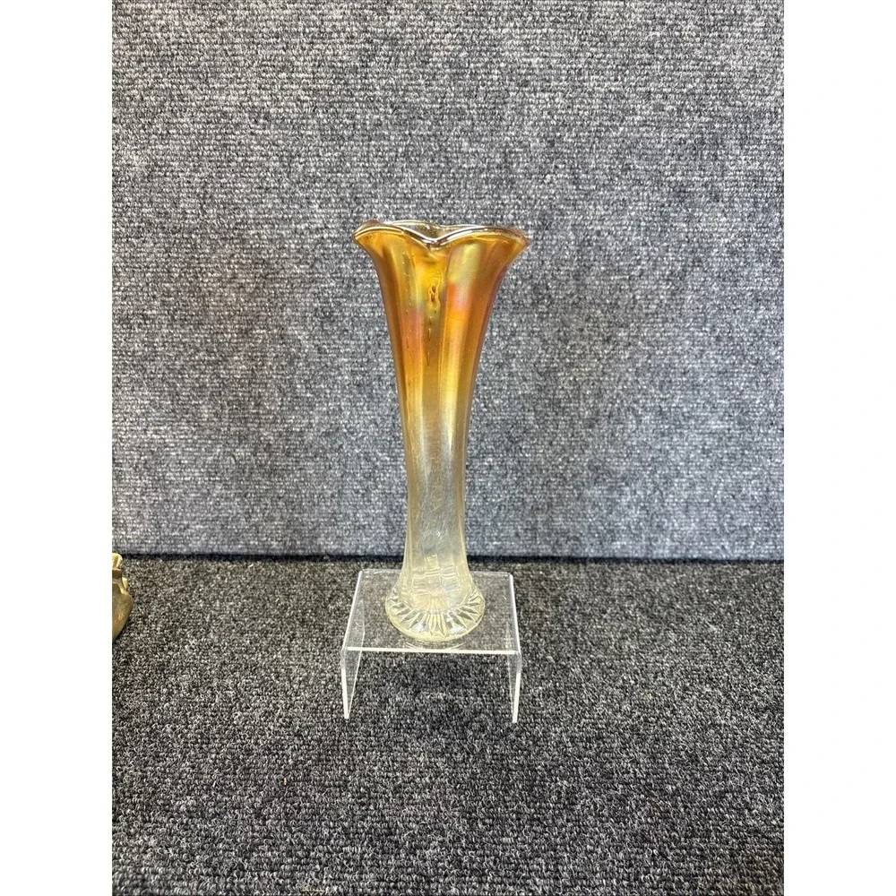 Vtg~Carnival Glass Paneled~Clear-to-Marigold~Stretch Glass Vase~9